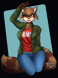 Size: 900x1200 | Tagged: safe, artist:yumiiefox, oc, oc only, mammal, procyonid, raccoon, anthro, 2023, blushing, bottomwear, breasts, cheek fluff, clothes, commission, detailed background, digital art, ears, eyelashes, female, fluff, front view, fur, jacket, looking at you, one eye closed, open mouth, pants, pose, shirt, solo, solo female, thighs, tongue, topwear, wide hips