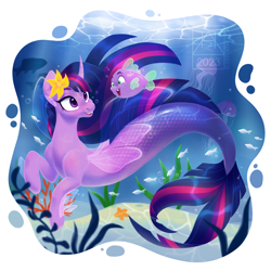 Size: 2160x2160 | Tagged: safe, artist:bluefeathercat, spike (mlp), twilight sparkle (mlp), alicorn, equine, fictional species, fish, hybrid, jellyfish, mammal, pony, pufferfish, seapony, starfish, feral, friendship is magic, hasbro, my little pony, my little pony: the movie, bubble, clothes, coral, curved horn, cute, digital art, duo, duo male and female, feathers, female, feralized, fin wings, fins, fish tail, fishified, flower, flower in hair, flowing mane, flowing tail, green eyes, hair, hair accessory, happy, high res, hooves, horn, logo, looking at each other, looking at someone, male, mane, mare, mermay, ocean, older, open mouth, open smile, plant, princess twilight 2.0, purple eyes, scales, scenery, scenery porn, seaponified, seaweed, see-through, smiling, smiling at each other, solo, species swap, spike the pufferfish, sunbeam, sunlight, swimming, tail, teeth, the last problem, underwater, water, watermark, wings