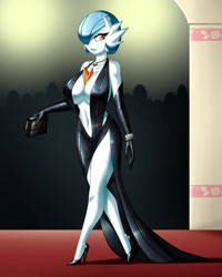 Size: 1280x1600 | Tagged: safe, artist:crovirus, fictional species, gardevoir, anthro, nintendo, pokémon, absolute cleavage, bottomwear, bracelet, breasts, cleavage, clothes, dress, female, gloves, high heels, indoors, jewelry, long gloves, looking at you, necklace, one eye obstructed, purse, shoes, side slit, skimpy, solo, solo female, total sideslit