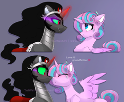 Size: 1831x1500 | Tagged: safe, artist:taiweiart, king sombra (mlp), princess flurry heart (mlp), alicorn, equine, fictional species, mammal, pony, unicorn, feral, friendship is magic, hasbro, my little pony, 2 panel comic, 2023, armor, blushing, boop, cape, comic, cute, duo, duo male and female, feathered wings, feathers, female, glowing, glowing horn, horn, male, mare, noseboop, nuzzling, older, snuggling, stallion, tail, uncle, wings