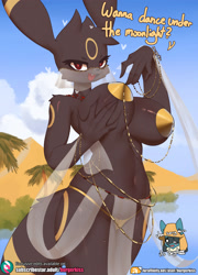 Size: 1630x2261 | Tagged: suggestive, artist:burgerkiss, eeveelution, fictional species, lucario, mammal, umbreon, anthro, nintendo, pokémon, 2023, accessories, bedroom eyes, belly button, belly dancer, belly dancer outfit, big breasts, black nose, blushing, breast grab, breasts, clothes, cloud, desert, detailed background, dialogue, digital art, ears, eyelashes, female, fluff, fur, heart, heart eyes, lifting breasts, looking at you, musk, oasis, open mouth, palm tree, panties, partial nudity, pasties, plant, see-through, shoulder fluff, sky, solo, solo female, speech bubble, tail, talking, talking to viewer, text, thighs, thong, tongue, topless, tree, underwear, wide hips, wingding eyes