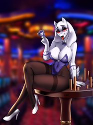 Size: 1643x2200 | Tagged: safe, artist:zhadart, toriel (undertale), bovid, goat, mammal, anthro, undertale, 2023, absolute cleavage, bedroom eyes, big breasts, breasts, cleavage, clothes, commission, digital art, ears, eyelashes, female, fur, high heels, horns, legwear, leotard, looking at you, mature, mature female, open mouth, pose, shoes, solo, solo female, stockings, tail, thighs, tongue, tongue out, wide hips