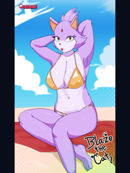 Size: 1875x2500 | Tagged: safe, artist:locodemon, blaze the cat (sonic), cat, feline, mammal, anthro, plantigrade anthro, sega, sonic the hedgehog (series), 2022, absolute cleavage, almost nude, arms behind head, beach, bedroom eyes, belly button, big breasts, bikini, black nose, breasts, cleavage, clothes, detailed background, digital art, ears, eyelashes, female, fur, gold bikini, hair, looking at you, sitting, solo, solo female, swimsuit, tail, thighs, wide hips
