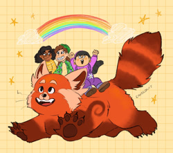 Size: 1280x1132 | Tagged: safe, artist:churrokat, abby park (turning red), mei lee (turning red), miriam mendelsohn (turning red), priya mangal (turning red), human, mammal, red panda, disney, pixar, turning red, 2022, 2d, cute, female, females only, group, open mouth, open smile, paw pads, paws, rainbow, riding, riding on back, running, size difference, smiling