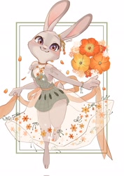 Size: 1450x2048 | Tagged: safe, artist:penpen_disney, judy hopps (zootopia), lagomorph, mammal, rabbit, anthro, disney, zootopia, blushing, bottomwear, breasts, choker, clothes, cute, dress, female, flower, frame, lace, looking at you, plant, ribbon, see-through, simple background, smiling, smiling at you, solo, solo female