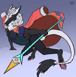 Size: 2076x2097 | Tagged: safe, artist:fluffybardo, fictional species, mammal, sergal, anthro, clothes, fur, hair, howl's castle, staff, tail