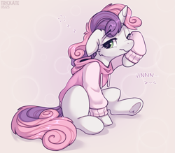 Size: 2837x2481 | Tagged: safe, artist:trickate, sweetie belle (mlp), equine, fictional species, mammal, pony, unicorn, friendship is magic, hasbro, my little pony, 2d, cheek fluff, clothes, cute, female, filly, floppy ears, fluff, foal, heart, heart eyes, hoodie, hooves, one eye closed, onomatopoeia, sitting, sleepy, solo, solo female, teary eyes, text, topwear, underhoof, waking up, wingding eyes, wiping tears, young, zzz