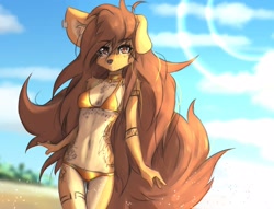 Size: 3163x2414 | Tagged: safe, artist:tinygaypirate, oc, oc only, oc:apogee (tinygaypirate), canine, dog, mammal, anthro, 2023, beach, belly button, bikini, black nose, breasts, clothes, detailed background, digital art, ears, female, fur, gold bikini, hair, looking at you, solo, solo female, swimsuit, tail, tattoo, thighs, wide hips
