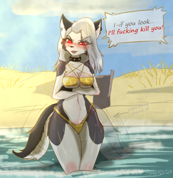 Size: 1056x1087 | Tagged: safe, artist:sprrigs-, loona (vivzmind), canine, fictional species, hellhound, mammal, anthro, hazbin hotel, helluva boss, 2023, arm under breasts, beach, belly button, bikini, black nose, blushing, breasts, clothes, collar, colored sclera, crossed arms, detailed background, dialogue, digital art, ears, embarrassed, female, fur, gold bikini, hair, looking away, ocean, open mouth, partially submerged, red sclera, sharp teeth, solo, solo female, speech bubble, spiked collar, swimsuit, tail, talking, talking to viewer, teeth, text, thighs, tongue, tsundere, vulgar, water, wide hips