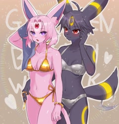 Size: 2464x2568 | Tagged: safe, artist:oboro 102, eeveelution, espeon, fictional species, mammal, umbreon, anthro, nintendo, pokémon, 2023, bedroom eyes, belly button, bikini, black nose, breasts, clothes, digital art, duo, duo female, ears, eyelashes, female, females only, fur, gold bikini, hair, implied lesbian, looking at you, open mouth, sweat, swimsuit, tail, tail wag, thighs, towel, wide hips