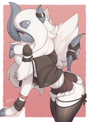 Size: 3002x4096 | Tagged: safe, artist:zinfyu, absol, fictional species, mammal, mega absol, mega pokémon, anthro, nintendo, pokémon, 2023, anthrofied, bedroom eyes, belly button, black nose, border, bottomwear, breasts, claws, clothes, digital art, ears, eyelashes, female, fur, hair, hair over one eye, horn, jacket, legwear, looking at you, pose, side view, skirt, solo, solo female, stockings, tail, thighs, topwear, white border, wide hips