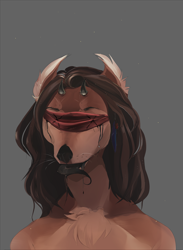 Size: 2589x3534 | Tagged: safe, artist:mahim, canine, mammal, anthro, 2017, black nose, black tongue, blindfold, brown body, brown fur, brown hair, bust, colored tongue, fur, gray background, hair, male, simple background, solo, solo male, tears, tongue, tongue out