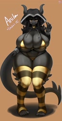 Size: 2120x4096 | Tagged: suggestive, artist:yboon, anthro, humanoid, 2023, bedroom eyes, belly button, bikini, breast squish, breasts, clothes, digital art, ears, eyelashes, female, gold bikini, hair, hoodie, horned humanization, huge breasts, legwear, looking at you, micro bikini, open mouth, scales, simple background, solo, solo female, stockings, swimsuit, tail, thighs, tongue, topwear, waving at you, wide hips