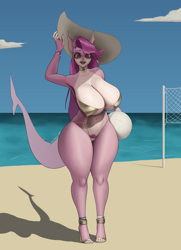 Size: 2900x4000 | Tagged: safe, artist:katrosh, oc, oc only, fish, shark, anthro, digitigrade anthro, 2023, beach, belly button, bikini, black nose, breasts, clothes, digital art, ears, eyelashes, female, fins, fish tail, hair, high heels, huge breasts, looking at you, open mouth, pubic hair, scales, shark tail, sharp teeth, shoes, sling bikini, solo, solo female, straw hat, swimsuit, tail, teeth, thighs, tongue, wide hips