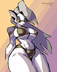 Size: 1540x1924 | Tagged: safe, artist:rohan_furries, loona (vivzmind), canine, fictional species, hellhound, mammal, anthro, hazbin hotel, helluva boss, 2023, bedroom eyes, belly button, bikini, black nose, breasts, clothes, digital art, ears, eyelashes, female, fur, glasses, hair, looking at you, looking down, looking down at you, low angle, solo, solo female, sunglasses, swimsuit, tail, thighs, wide hips