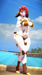 Size: 2160x3840 | Tagged: safe, artist:domibun, oc, oc only, bovid, caprine, goat, mammal, anthro, unguligrade anthro, 2023, 3d, beach, bedroom eyes, belly button, big breasts, bikini, black nose, breasts, clothes, cloven hooves, digital art, ears, eyelashes, female, fur, hair, hand on breast, hooves, horns, looking at you, pose, solo, solo female, source filmmaker, swimsuit, tail, thighs, ungulate, wide hips