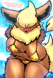 Size: 2177x3210 | Tagged: suggestive, artist:miketeafox, eeveelution, fictional species, flareon, mammal, anthro, nintendo, pokémon, 2023, beach, belly button, bent over, big breasts, bikini, black nose, blep, blushing, breast squish, breasts, clothes, dialogue, digital art, ears, embarrassed, eyelashes, female, fluff, fur, gold bikini, hair, hair over one eye, micro bikini, neck fluff, solo, solo female, sweat, swimsuit, tail, talking, talking to viewer, text, thighs, tongue, tongue out, wide hips