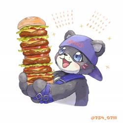 Size: 1905x1905 | Tagged: safe, artist:754_0711, fictional species, anthro, digimon, 2023, bearmon, black nose, burger, cap, cheese, claws, dairy products, digital art, ears, food, fur, hat, headwear, lettuce, male, meat, open mouth, sharp teeth, solo, solo male, teeth, tomato, tongue, vegetables