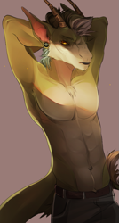 Size: 537x1000 | Tagged: safe, artist:mahim, oc, oc only, dragon, fictional species, anthro, 2018, athletic, athletic male, brown background, cowboy shot, green body, hands behind head, lighting, male, pinup, shaded, simple background, solo, solo male, tan body, yellow eyes