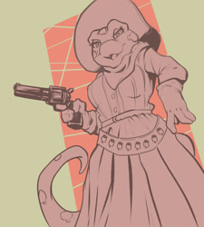 Size: 960x1069 | Tagged: safe, artist:jamilsart, gecko, lizard, reptile, anthro, 19th century clothing, bandanna, belt, big breasts, bottomwear, breasts, clothes, dress, female, gloves, gun, hat, headwear, looking at you, looking down, looking down at you, open mouth, open smile, smiling, smiling at you, solo, solo female, tail, weapon