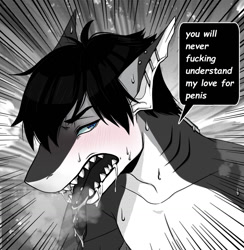 Size: 1249x1280 | Tagged: suggestive, artist:ehbear, oc, oc only, oc:riptide (riptideshark), fish, shark, anthro, 2021, ahegao, black hair, blushing, countershading, ear piercing, english text, hair, humor, looking pleasured, male, marine, open mouth, piercing, profanity, solo, solo male, stated sexuality, text, tongue, tongue out