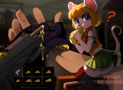 Size: 1000x728 | Tagged: safe, artist:skeleion, ashley graham (resident evil), leon s. kennedy (resident evil), human, mammal, mouse, rodent, anthro, capcom, resident evil, 2023, annoyed, blonde hair, blue eyes, bottomwear, bra, breasts, butt, cheese, clothes, confused, eating, female, fingerless gloves, fur, gloves, gun, hair, handgun, legwear, looking at you, looking back, looking back at you, male, mousetrap, moushley, outdoors, panties, resident evil 4, sitting, skirt, species swap, sweater, thigh highs, topwear, underwear, upskirt, weapon, white body, white fur