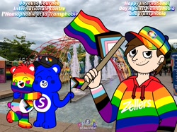 Size: 2048x1530 | Tagged: safe, artist:mrstheartist, oc, oc only, oc:creative bear, oc:mr.s, bear, fictional species, human, mammal, semi-anthro, care bears, care bears: unlock the magic, care bear, clothes, english text, flag, french text, gay pride flag, group, holding a flag, hoodie, hug, lgbtq, male, males only, mixed media, pride, pride flag, show accurate, text, topwear, trio, trio male