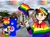Size: 2048x1530 | Tagged: safe, artist:mrstheartist, oc, oc only, oc:creative bear, oc:mr.s, fictional species, mammal, feral, care bears, care bears: unlock the magic, clothes, english text, flag, french text, gay pride flag, group, holding a flag, hoodie, hug, lgbtq, male, males only, mixed media, pride, pride flag, show accurate, text, topwear, trio, trio male
