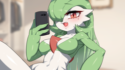 Size: 1920x1080 | Tagged: safe, artist:drunk_oak, fictional species, gardevoir, anthro, nintendo, pokémon, 2023, belly button, breasts, cell phone, clothes, digital art, ears, evening gloves, eyelashes, female, gloves, hair, long gloves, open mouth, phone, smartphone, solo, solo female