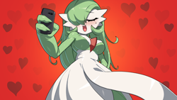 Size: 1920x1080 | Tagged: safe, artist:drunk_oak, fictional species, gardevoir, anthro, nintendo, pokémon, 2023, belly button, breasts, cell phone, clothes, digital art, ears, evening gloves, eyelashes, eyes closed, female, gloves, hair, heart, long gloves, open mouth, phone, smartphone, solo, solo female