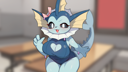 Size: 1920x1080 | Tagged: safe, artist:drunk_oak, ditto, eeveelution, fictional species, mammal, vaporeon, anthro, nintendo, pokémon, 2023, after transformation, breasts, clothes, digital art, ears, evening gloves, eyelashes, female, fins, gloves, hair, long gloves, looking at you, one-piece swimsuit, open mouth, solo, solo female, swimsuit, tail, thighs, tongue