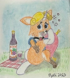 Size: 2723x3006 | Tagged: safe, artist:opti, oc, oc only, oc:guiding light, canine, equine, fictional species, fox, mammal, pony, unicorn, alcohol, bottle, container, drink, drunk bubbles, glass, hug, looking at you, solo, tail, tail hug, traditional art, transformation, wine, wine bottle, wine glass