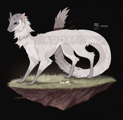 Size: 1280x1255 | Tagged: safe, artist:mahim, dragon, fictional species, furred dragon, feral, 2018, adoptable, ambiguous gender, black background, fluff, fur, grass, gray body, gray fur, neck fluff, simple background, solo, solo ambiguous, tail, tail fluff, text