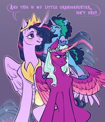 Size: 2671x3100 | Tagged: safe, artist:djkaskan, misty (mlp g5), opaline (mlp), twilight sparkle (mlp), alicorn, equine, fictional species, mammal, pony, unicorn, feral, friendship is magic, hasbro, my little pony, my little pony g5, spoiler, spoiler:my little pony g5, spoiler:the last problem (mlp:fim), 2023, alternate universe, blushing, coat markings, confused, crown, curved horn, dialogue, eyelashes, eyes closed, feathered wings, feathers, female, females only, freckles, frowning, group, headwear, high res, hooves, horn, jewelry, looking at someone, looking away, looking down, mare, older, open mouth, open smile, outline, partially open wings, peytral, princess twilight 2.0, raised hoof, regalia, simple background, sitting, smiling, socks (coat markings), sparkles, speech bubble, tail, talking, trio, trio female, turned head, unshorn fetlocks, wings