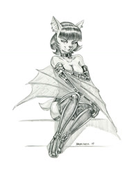 Size: 1000x1297 | Tagged: safe, artist:baron engel, bat, mammal, anthro, 2019, bat wings, bedroom eyes, big breasts, big butt, black boots, boots, breasts, butt, clothes, collar, covering breasts, ear piercing, earring, ears, female, fur, hair, high heel boots, high heels, leather boots, looking at you, monochrome, partial nudity, piercing, shoes, signature, simple background, sitting, smiling, smiling at you, solo, solo female, tail, thick thighs, thighs, topless, traditional art, webbed wings, white background, wide hips, wings