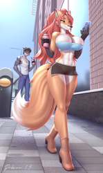 Size: 615x1034 | Tagged: suggestive, artist:pakwan008, oc, oc only, oc:gojiro, canine, cat, feline, fox, mammal, anthro, 2019, areola, areola slip, bedroom eyes, belly button, black nose, boots, bottomwear, breasts, cell phone, clothes, commission, crop top, detailed background, digital art, duo, duo male and female, ears, eyelashes, female, fur, hair, high heel boots, high heels, huge breasts, male, midriff, pants, phone, shirt, shoes, shorts, smartphone, tail, tank top, thighs, topwear, vixen, walking, wide hips