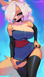 Size: 1193x2083 | Tagged: suggestive, artist:oughta, oc, oc only, oc:marie (oughta), canine, fox, mammal, anthro, 2023, areola, big breasts, black nose, bottomwear, breasts, clothes, digital art, dress, ears, evening gloves, eyelashes, female, fur, gloves, hair, hair over one eye, legwear, long gloves, looking at you, pose, smiling, smiling at you, solo, solo female, stockings, tail, thighs, vixen, wardrobe malfunction, wide hips