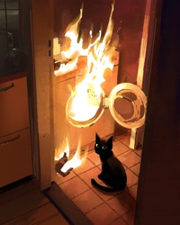 Size: 1920x2400 | Tagged: safe, artist:paul rabaud, cat, feline, mammal, feral, lifelike feral, 2023, ambiguous gender, black body, black cat, black fur, burning, detailed background, digital art, digital painting, fire, floor, fur, indoors, laundry, looking at you, non-sapient, realistic, solo, solo ambiguous
