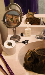 Size: 1920x3163 | Tagged: safe, artist:paul rabaud, cat, feline, mammal, feral, lifelike feral, 2023, ambiguous gender, bathroom, brown body, brown fur, funny, fur, green eyes, mirror, non-sapient, realistic, reflection, scissors, solo, solo ambiguous, toilet paper