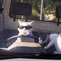 Size: 1920x1920 | Tagged: safe, artist:paul rabaud, cat, feline, mammal, feral, ambiguous gender, ambiguous only, car, cute, detailed background, duo, duo ambiguous, glasses, indoors, realistic, sunglasses, vehicle
