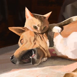 Size: 1920x1920 | Tagged: safe, artist:paul rabaud, canine, cat, dog, feline, mammal, feral, lifelike feral, 2023, ambiguous gender, ambiguous only, biting, brown body, brown fur, collar, cute, duo, duo ambiguous, fur, neck biting, non-sapient, open mouth, realistic, white body, white fur