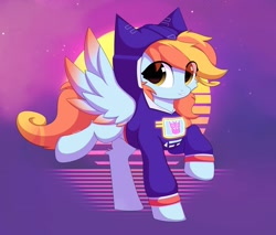 Size: 2541x2160 | Tagged: safe, artist:verlista, oc, oc only, equine, fictional species, mammal, pegasus, pony, feral, friendship is magic, hasbro, my little pony, transformers, 2023, blue body, clothes, digital art, feathered wings, feathers, female, hair, high res, hoodie, looking at you, mane, mare, retrowave, solo, solo female, soundwave, spread wings, synthwave sun, tail, topwear, vaporwave, wings, yellow eyes