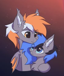 Size: 1010x1200 | Tagged: safe, artist:verlista, nameless oc, oc, bat pony, equine, fictional species, mammal, pony, feral, friendship is magic, hasbro, my little pony, 2023, bat wings, blue eyes, brother, brother and sister, cute, duo, eye contact, female, fur, gradient background, looking at each other, looking at someone, male, siblings, sister, smiling, webbed wings, wings, yellow eyes