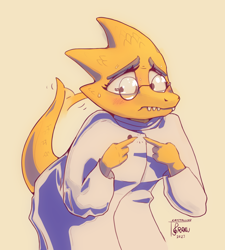 Size: 2000x2218 | Tagged: safe, artist:meater6, alphys (undertale), fictional species, monster, reptile, anthro, undertale, 2023, 2d, blushing, clothes, digital art, female, glasses, hands, lab coat, pointing, round glasses, scales, sharp teeth, shy, signature, simple background, solo, solo female, sweat, sweatdrop, tail, tail wag, teeth