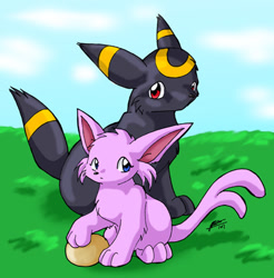Size: 525x534 | Tagged: safe, artist:nepryne, oc, oc:nespinn, oc:pritz, eeveelution, espeon, fictional species, mammal, umbreon, feral, nintendo, pokémon, 2003, daughter, duo, egg, father, father and child, father and daughter, female, fur, grass, grass field, green eyes, male, outdoors, red eyes, sky