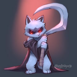 Size: 2048x2048 | Tagged: safe, artist:drag0nslayer10, death (puss in boots), canine, mammal, wolf, anthro, dreamworks animation, puss in boots (movie), shrek, child, cloak, cute, fur, gray body, gray fur, holding, holding object, holding sickle, male, red eyes, sickle, solo, solo male, unamused, young, younger