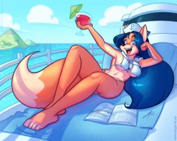 Size: 2048x1642 | Tagged: safe, artist:psicoyote, canine, fox, mammal, red fox, anthro, barefoot, belly button, big breasts, big butt, bikini, blue hair, boat, breasts, butt, clothes, cloud, day, drink, drink umbrella, feet, female, hair, holding glass, island, long hair, looking at you, lounging, magazine, ocean, open mouth, open smile, outdoors, sideboob, sky, smiling, smiling at you, snaggletooth, solo, solo female, swimsuit, thick thighs, thighs, toes, underboob, vixen, water, wide hips, wine glass, yacht