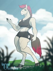 Size: 1500x2000 | Tagged: safe, artist:neosavias, equine, horse, mammal, anthro, unguligrade anthro, abs, belly button, blue eyes, bottomwear, breasts, clothes, cloud, cream body, cream fur, female, finger hooves, fur, gloves (arm marking), grass, hair, hooves, looking at you, looking down, looking down at you, muscles, muscular female, outdoors, pink hair, shorts, sky, socks (leg marking), solo, solo female, sports bra, sports shorts, standing, topwear