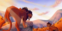 Size: 1280x640 | Tagged: safe, artist:lillydiaz18, kovu (the lion king), scar (the lion king), antelope, big cat, bovid, feline, lion, mammal, feral, disney, the lion king, africa, cub, duo, duo male, grassland, hunting, male, males only, savanna, young