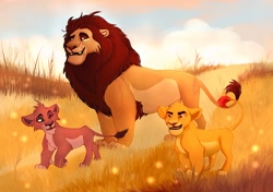 Size: 1280x903 | Tagged: safe, artist:taiyoraion, mufasa (the lion king), scar (the lion king), big cat, feline, lion, mammal, feral, disney, the lion king, ahadi, brother, brothers, cub, father, father and child, father and son, group, male, savanna, siblings, son, trail
